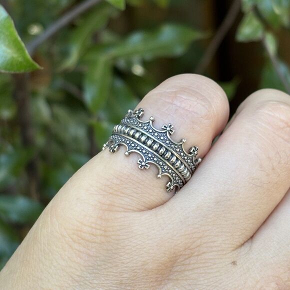 Sterling Silver 925 Crown Wide Band Ring Gothic Medieval Style Adjustable NWOT - Picture 6 of 8